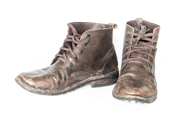 Old leather boots On a white background