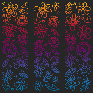 Vector set of child drawing flowers icons in doodle style. Painted, colorful, gradient pictures on a piece of paper on blackboard.