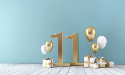 Number 11 party celebration room with gold and white balloons and gift boxes.  - obrazy, fototapety, plakaty