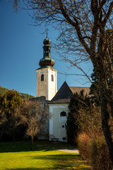 Naklejka premium View of Gloggnitz Castle in the Vienna Alps high above the Village Gloggnitz near the mountains Schneeberg and Rax