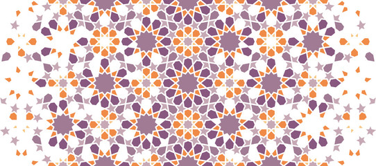 Arabesque repeating vector border. Geometric halftone texture with color tile disintegration or breaking