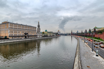 Moscow Kremlin embankment in the summer evening, An overcast, rainy day.