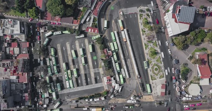 Aerial hyeprlapse of the big bus stop of Mixcoac in Mexico City