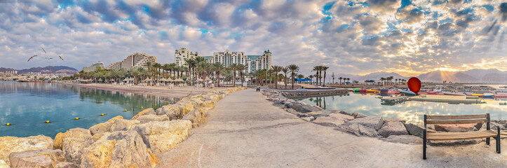 Panoramic view on Eilat from stone walking pier, Eilat is a famous tourist resort and recreational...