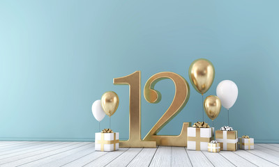 Number 12 party celebration room with gold and white balloons and gift boxes.  - obrazy, fototapety, plakaty