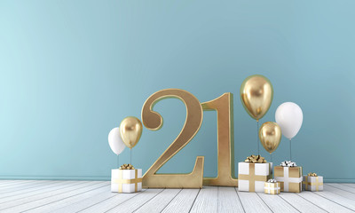 Number 21 party celebration room with gold and white balloons and gift boxes.  - obrazy, fototapety, plakaty