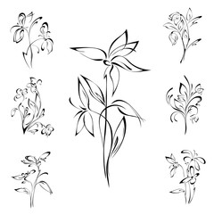 stylized flowers on stems with leaves in black lines on white background. SET
