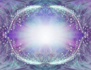 Blue Purple Sparkling Angelic Border Frame - central light burst surrounded by symmetrical oval sparkling white border with pink purple edging