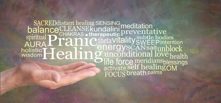 Rustic Pranic Healing Word Tag Cloud - male hand with open palm and the words PRANIC HEALING above surrounded by a relevant word cloud on a rustic earthy natural background