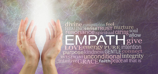 The empath is non judgemental - pair of female hands sending out pure white light healing energy beside an EMPATH word cloud  - obrazy, fototapety, plakaty