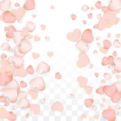 Love Hearts Confetti Falling Background. St. Valentine's Day pattern Romantic Scattered Hearts. Vector Illustration for Cards, Banners, Posters, Flyers for Wedding, Anniversary, Birthday Party, Sales.