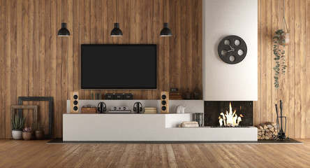 Home cinema in rustic stryle with fireplace