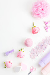Personal care products, lingerie and cosmetics flat lay. Woman beauty treatment concept, top view