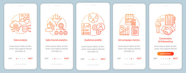 SMM metrics courses onboarding mobile app page screen vector tem