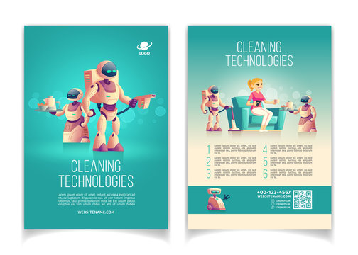 Future Cleaning Technologies Startup Cartoon Vector Ad Brochure Or Poster. Housewife Woman Sitting In Armchair, Resting In Comfort While Household Robots Serving Coffee, Vacuuming Floor Illustration