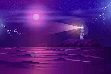 Papier Peint photo Violet Travailler au phare de nuit par temps orageux sur un bord de mer rocheux avec une lune folle et des éclairs dans un vecteur de dessin animé de ciel étoilé aux couleurs néon. Fond de scène tragique de la nature. Voile dangereuse