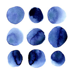 Set of hand painted indigo blue watercolor simple polka dot. Isolated on white background. Navy blue modern circle. Hand drawn round shapes, stains, circles, blobs. Cute design for decor, decoration.