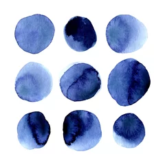 Fotobehang Set of hand painted indigo blue watercolor simple polka dot. Isolated on white background. Navy blue modern circle. Hand drawn round shapes, stains, circles, blobs. Cute design for decor, decoration. © Anastasia