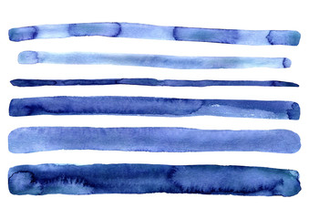 Set of hand painted indigo blue watercolor simple stripes. Isolated on white background. Navy blue modern stripe. Hand drawn stripes. Design for decor, decoration. Cute clip art artistic collection.