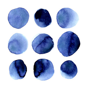 Set of hand painted indigo blue watercolor simple polka dot. Isolated on white background. Navy blue modern circle. Hand drawn round shapes, stains, circles, blobs. Cute design for decor, decoration.