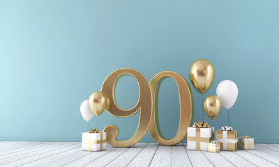 Number 90 party celebration room with gold and white balloons and gift boxes.  - obrazy, fototapety, plakaty