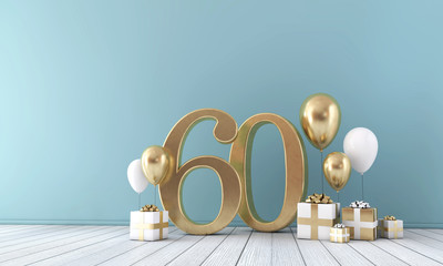 Number 60 party celebration room with gold and white balloons and gift boxes.  - obrazy, fototapety, plakaty
