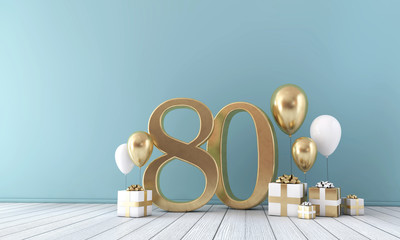 Number 80 party celebration room with gold and white balloons and gift boxes.  - obrazy, fototapety, plakaty