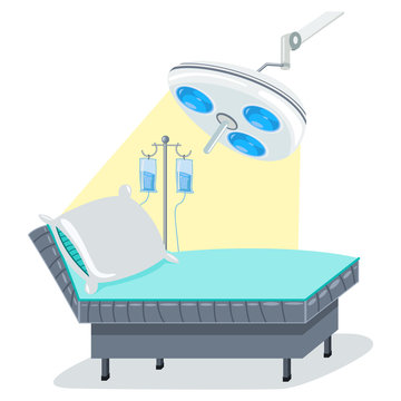 Hospital bed, surgical lamp and dropper intravenous infusion vector cartoon illustration. Medical equipment for the operating room isolated on a white background.