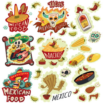 Mexican food logos and icons vector set. Nachos, tequila bottle sombrero, burritos, chili, corn, cactus, skull, sombrero, and others. Hand draw cartoon illustration.