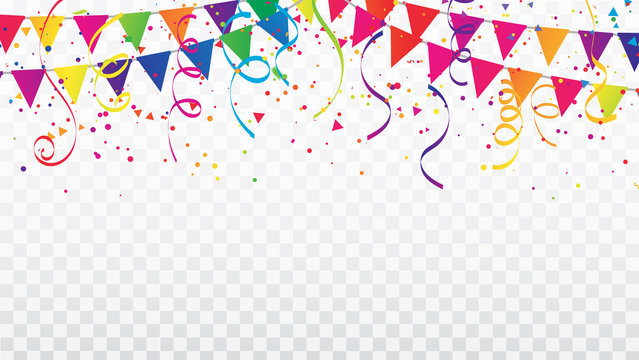 Celebration background template with confetti Colorful ribbons and flag frame. luxury greeting rich card.