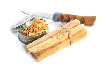 Palo santo, Holy Wood sticks with handmade knife isolated on white background