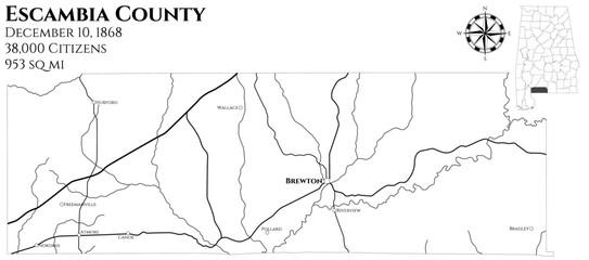 Large and detailed map of Escambia county in Alabama, USA