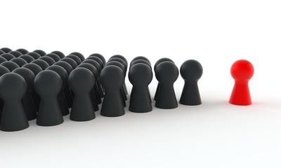 Red game figure in front of a group of black figures isolated on white background