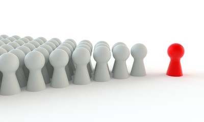 Red game figure in front of a group of white figures  isolated on white background