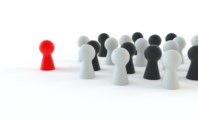 Red game figure in front of a group of white and black figures  isolated on white background