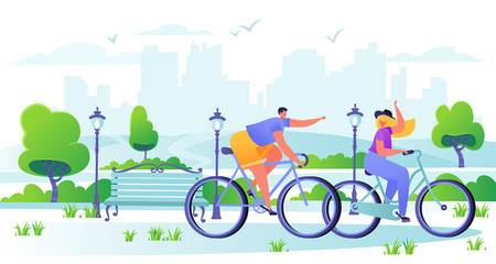 Naklejka premium Man and woman characters riding bicycle with city on the background. Active people enjoying bike ride in the park. Healthy lifestyle concept. Characters doing workout outside. Flat, cartoon, trendy,