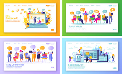 Set of concept of landing pages on social media theme for mobile website development and web page design. Vector illustrations with flat people characters chatting in social network.