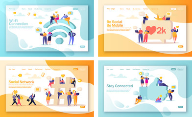Set of concept of landing pages for mobile website development and web page design. Flat people characters chatting in social networks near big symbol emoji Like, Hashtag and big symbol Wi-Fi.