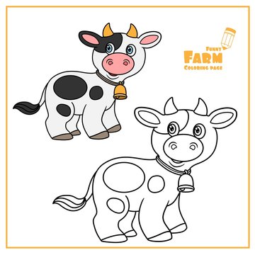 Cute cartoon cow with bell color and outlined on a white background  for coloring page