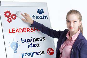 Business, technology, internet and networking concept. Young entrepreneur showing keyword:...