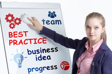 Business, technology, internet and networking concept. Young entrepreneur showing keyword: Best...