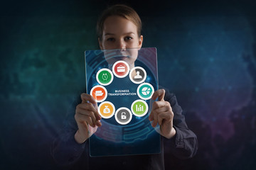 The concept of business, technology, the Internet and the network. A young entrepreneur working on a virtual screen of the future and sees the inscription: Business transformation