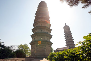 Twins pagodas-The old landmark of Taiyuan city. They were built in the Ming Dynasty of Chinese Times(A.D. 1608-1612). Taken in the Yongzuo Temple of Taiyuan The highest twin pagodas in China