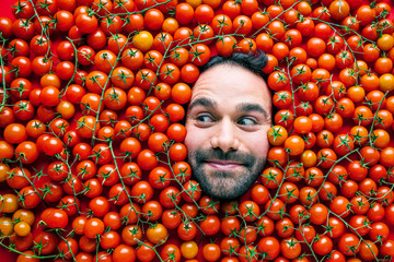 Mann mit Tomaten, Konzept für die Lebensmittelindustrie. Gesicht des lachenden Mannes in der...