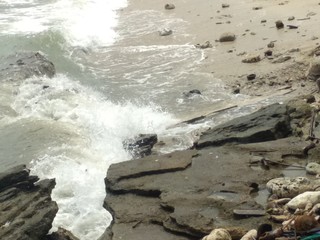 Beach waves crashing into rocks and decorating white sands and tree trees and green grass, this place is usually visited for a very enjoyable holiday and family fun event