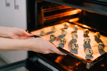 Young housewife making homemade cookies in kitchen