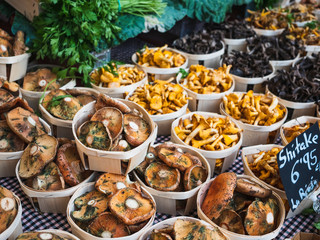 Mushroom in Basket Fresh vegetable stall Organic Farm product sell in Food market Gourmet travel