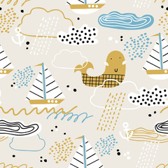 Baby seamless pattern with whale, boat, clouds and waves. Scandinavian style. Summer marina background. Perfect for fabric, textile. Vector background.