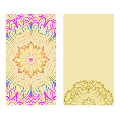 Ethnic Mandala Ornament. Templates With Mandalas. Vector Illustration For Congratulation Or Invitation. The Front And Rear Side. Rainbow, yellow color