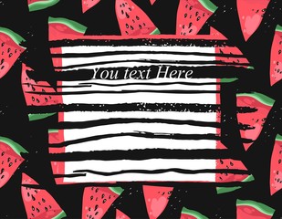 Vector bright summer card with watermelon and ink stroke texture. Beautiful summer poster with watermelon on black background.